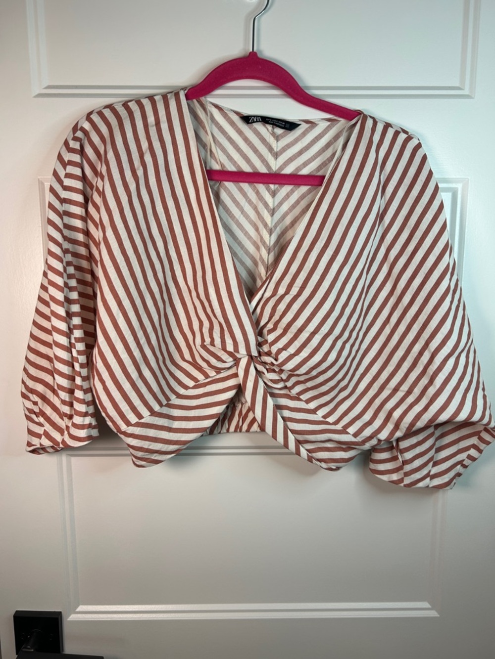 Zara Cream and Rust Stripe Twist-Front Crop Blouse